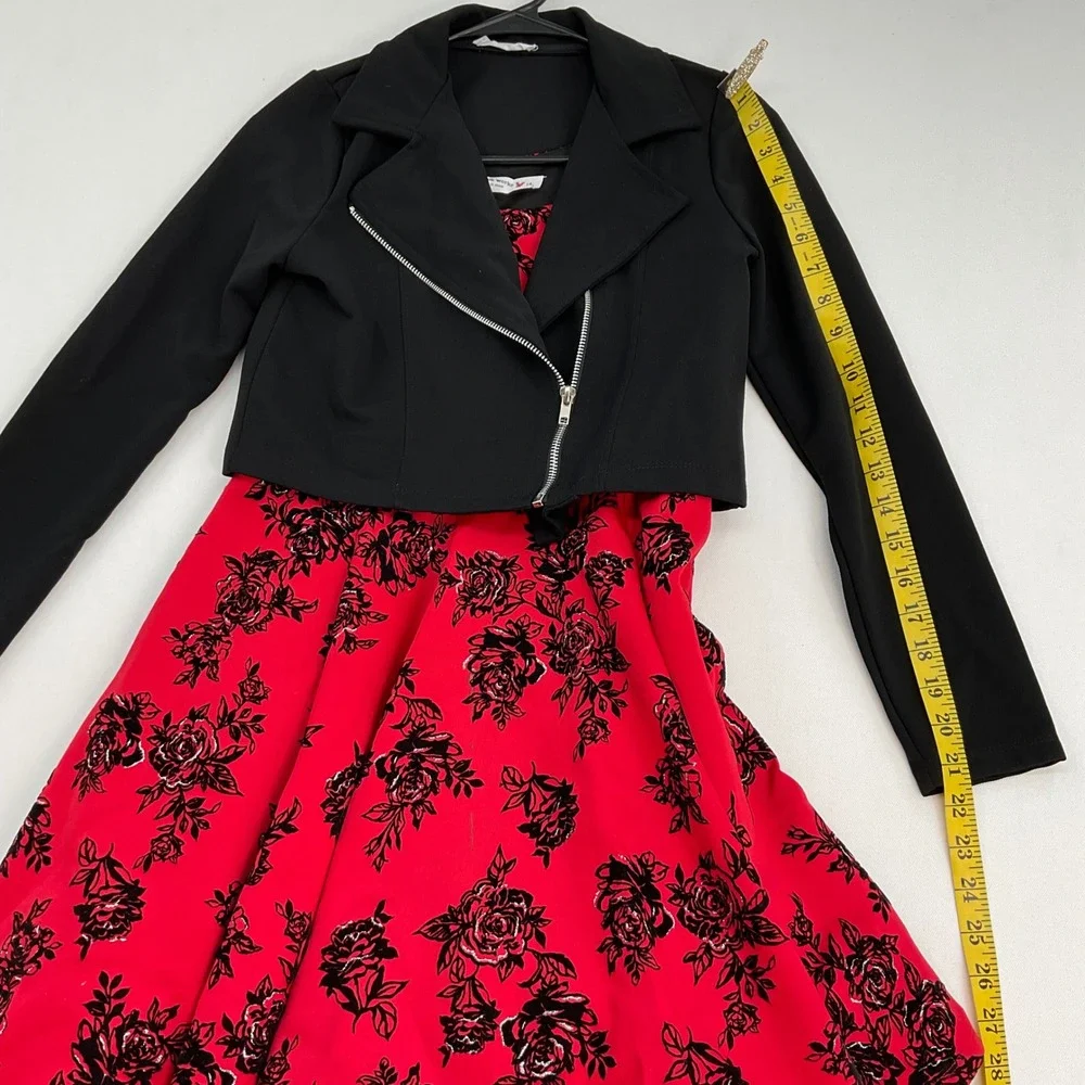 Knit Works Girls Red Black Floral Glitter Dress & Moto Jacket Set‎ Size 14